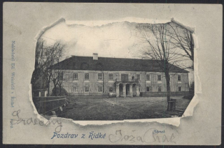 Pozdrav z Řidké. Zámek. Koláž. Obec Řitka