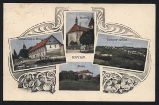 Kováň. Restaurace p. Šimonka. Kostel. Škola. Celkový pohled.