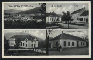Lomnička u Tišnova. Dvůr. Kaple. Škola. Sokolovna. Hostinec na Hamrech.