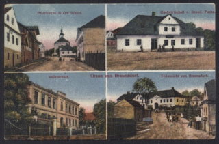 Brumovice (Braunsdorf) Pfarrkirche & alte Schule. Gastwirtschaft v. Bened. Fuchs..