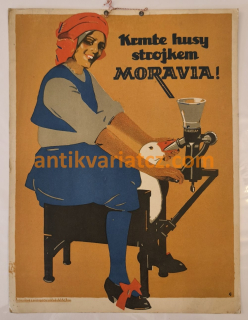 Krmte husy strojkem MORAVIA! (Starý reklamní plakát)