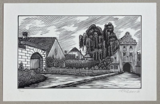 František Dobeš - Třeboň, Svinenská brána (linoryt)