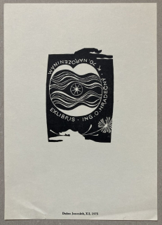 Dušan Janoušek - Ex libris Ing. O. Hradečný k 70. narozeninám (dřevoryt)