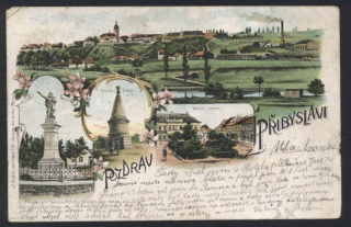 Přibyslav. Pozdrav z Přibyslavi. Pomník Žižkův. Náměstí s parkem. Pomník Karla Havlíčka v Borové u Přibyslavi (litografie)