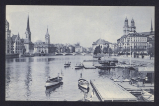 Zürich. Die 3 Hauptkirchen von der Quaibrucke gesehen.