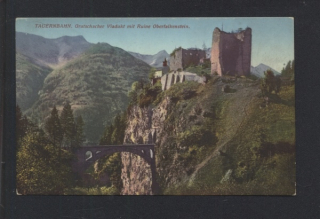 Tauerbahn. Gratschacher Viadukt mit Ruine Oberfalkenstein / Tauernská železnice. Most
