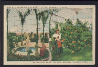 The Pan Fountain and Royal Palms. An Orange Tree. World's fair. Florida Garden 1934