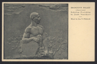 Bronzový relief věnovaný Sokolem Pražským br. Jindř. Vaníčkovi. Pražský Sokol