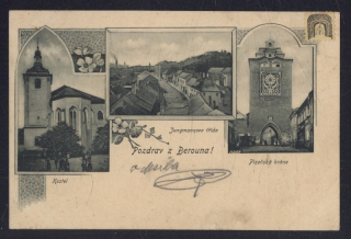 Pozdrav z Berouna! Kostel. Jungmannova třída. Plzeňská brána