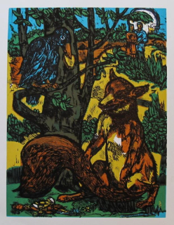Jan Battermann - Le Corbeau et le renard (barevný linoryt)