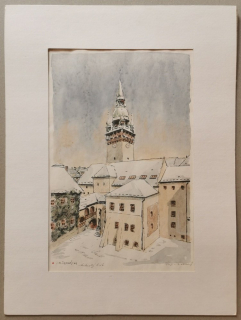 Josef D. Černý (1915-1996) - Brno, radniční dvůr - litografie kolorovaná akvarelem