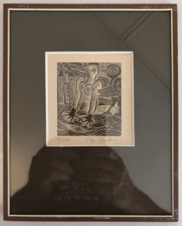 Olga Čechová (1925 - 2010) - Ptáček a ženský akt - dřevoryt