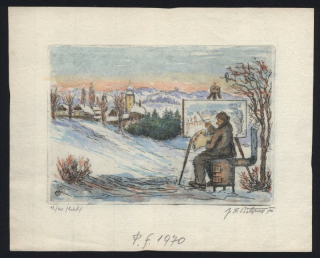 Jan Ferdinand Pistorius (1899-1985) - PF 1970 - Malíř a zimní krajina (barevný lept)