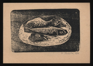 František Peterka (1920 - 2007) - Zátiší s rybami (dřevoryt)