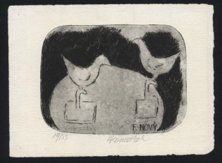 Vladimír Komárek (1928-2002) - Ptáci na stole - Ex libris F. Nový (suchá jehla)