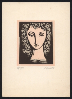 Ludmila Jiřincová (1912–1994) - Dívčí hlava v květinách (linoryt)