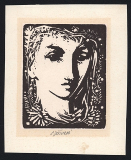 Ludmila Jiřincová (1912–1994) - Dívčí hlava v květinách (linoryt)