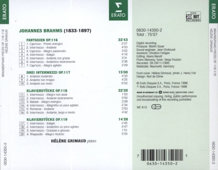 Brahms, Johannes - Piano pieces op. 116-119 (CD)
