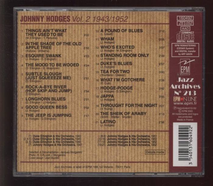Johny Hodges a Duke Ellington - Johnny Hodges With and without Duke Ellington (CD)