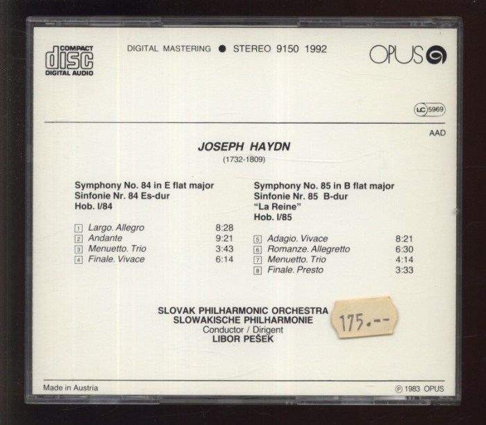 Haydn, Joseph; Slovak Philharmonic Orchestra; Pešek, Libor - Symphony No. 84 In E Flat Major - Symphony No. 85 In B Flat Major „La Reine” (CD)
