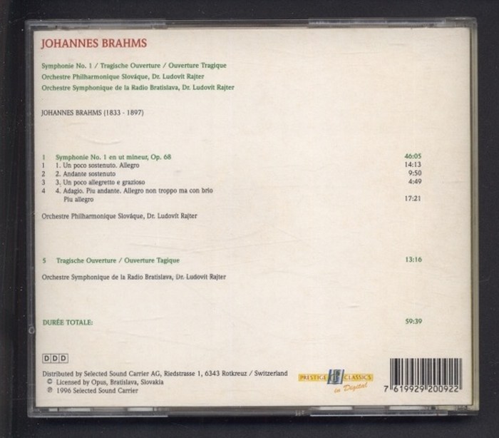 Johannes Brahms - Symphonie No. 1 - Ouverture Tragique (CD)
