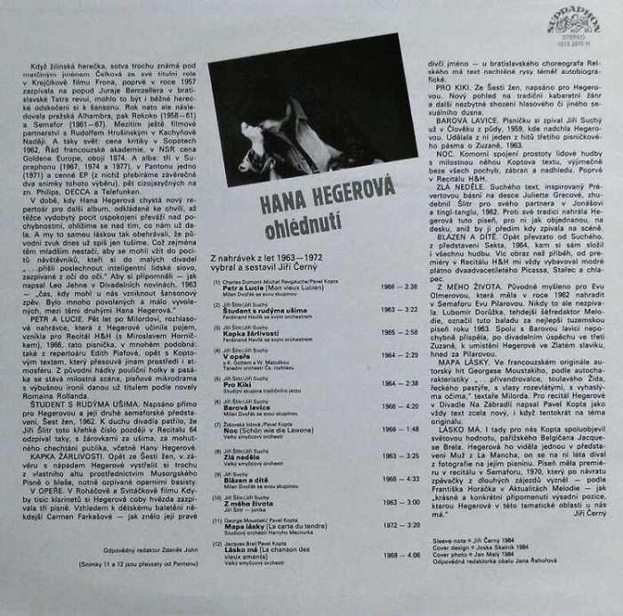 Hana Hegerová - Ohlédnutí (LP) příloha