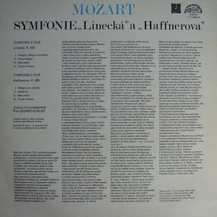 Wolfgang Amadeus Mozart - Symfonie "Linecká" a "Hafnerova" (LP)