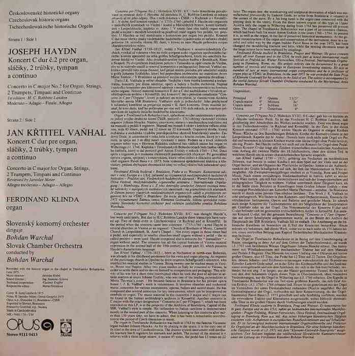Joseph Haydn; Jan Křtitel Vaňhal, Ferdinand Klinda - Concerto for Organ and Chamber Orchestra in C major (LP)