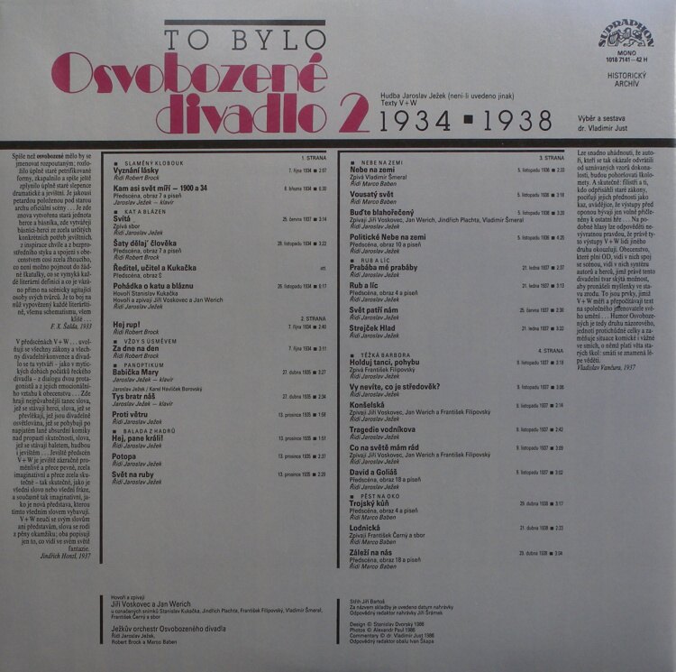 Jaroslav Ježek / Jiří Voskovec / Jan Werich - To bylo Osvobozené divadlo 2, 1934-1938 (2 LP)