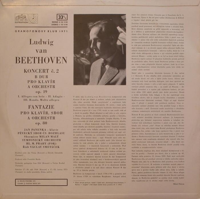 Ludwig van Beethoven - Koncert por klavír a orchestr č. 2 B dur. op.19 / Fantazie c moll pro klavír, sbor a orchestr, op. 80 (LP)