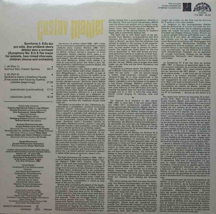 Gustav Mahler - Symfonie č. 8 Es dur pro sóla, dva smíšené sbory, dětský sbor a orchestr (2LP)