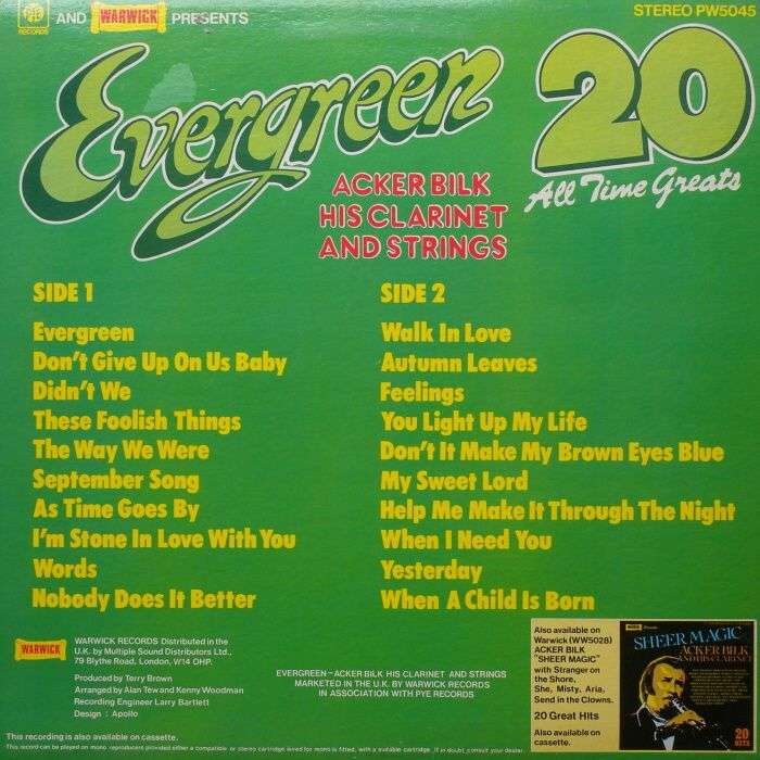 Acker Bilk, His Clarinet And Strings - Evergreen (20 All Time Greats)