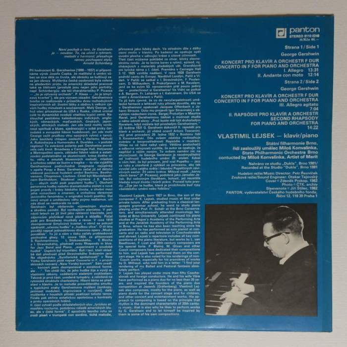 Vlastimil Lejsek, G. Gershwin, Miloš Konvalinka - Concerto In F For Piano And Orchestra / Second Rhapsody For Piano And Orchestra (LP)