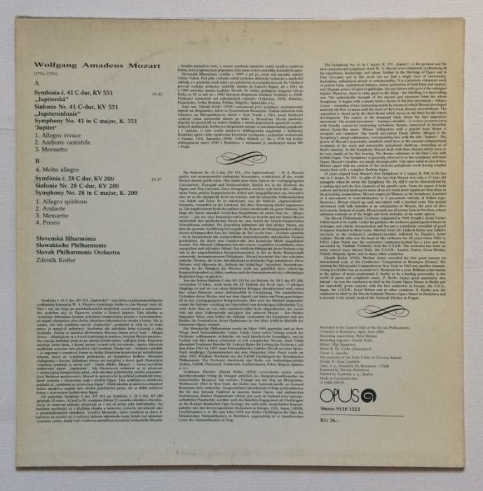 Mozart, Slovak Philharmonic Orchestra, Zdeněk Košler - Symphony No. 41 In C Major, K. 551 Jupiter / Symphony No. 28 In C Major, K. 200 (LP)