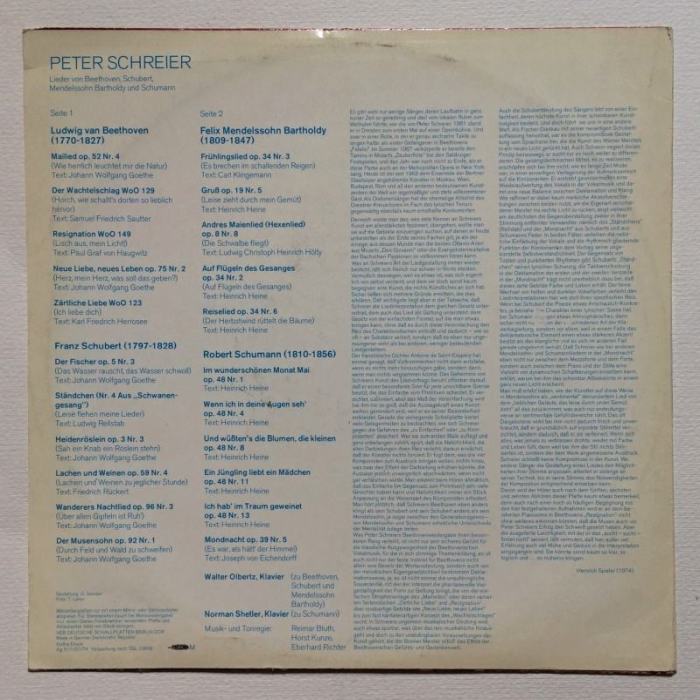 Peter Schreier, Beethoven, Schubert, Mendelssohn Bartholdy , Schumann - Lieder Von Beethoven, Schubert, Mendelssohn Bartholdy Und Schumann (LP)