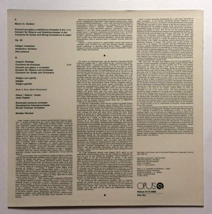 Jozef Zsapka, Mauro G. Giuliani, Joaquín Rodrigo, Slovak Chamber Orchestra, Bohdan Warchal - Concerto In A Major Op. 30 / Concierto De Aranjuez (LP)