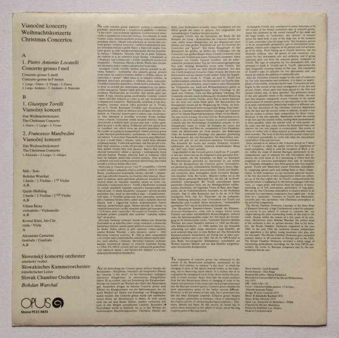 Torelli / Manfredini / Locatelli, Slovak Chamber Orchestra, Bohdan Warchal - Christmas Concertos (LP)