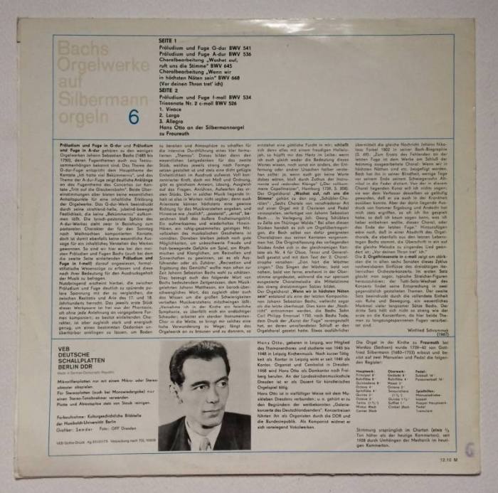 Johann Sebastian Bach, Hans Otto - Bachs Orgelwerke Auf Silbermannorgeln 6: Hans Otto An Der Silbermannorgel Zu Fraureuth (LP)