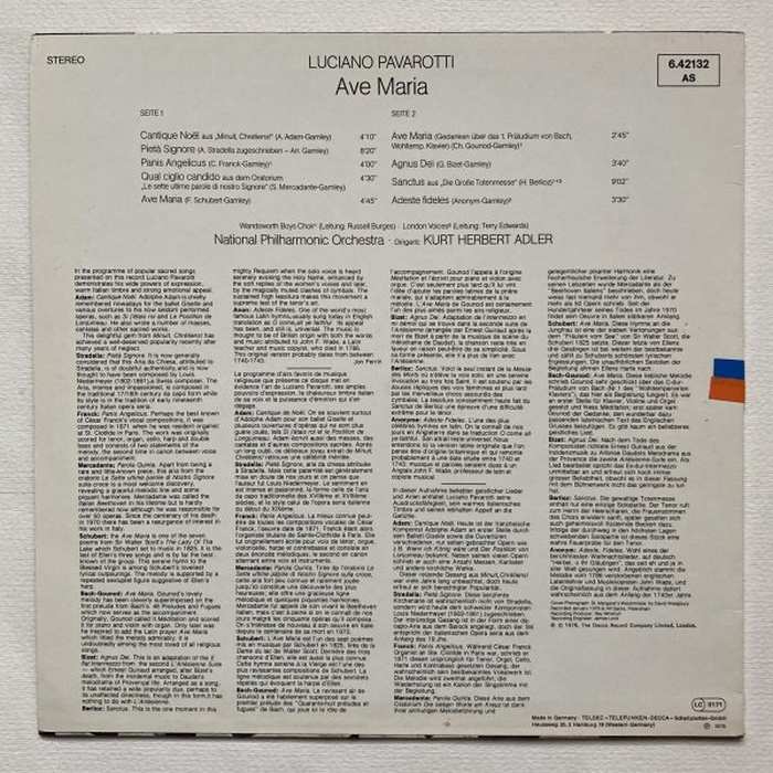 Luciano Pavarotti, Kurt Herbert Adler, National Philharmonic Orchestra - Luciano Pavarotti Sings Sacred Music - Ave Maria (LP)