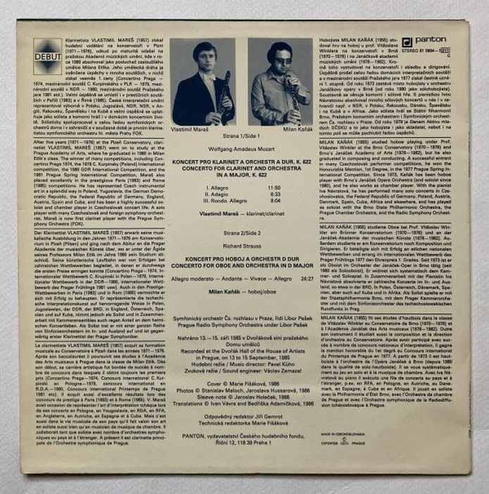 Vlastimil Mareš, Mozart / Strauss, Kaňák Milan - Concerto For Clarinet And Orchestra In A Major, K. 622 / Concerto For Oboe And Orchestra In D Major (LP)