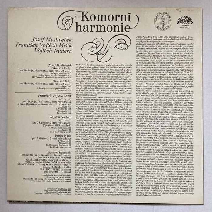 Komorní harmonie: Josef Mysliveček, František Vojtěch Mišík, Vojtěch Nudera – Octets no. 1 and 2 / Harmony In F (LP)