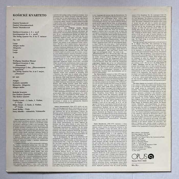 Košice Quartet / W. A. Mozart, D. Shostakovich - Košické kvarteto / String Quartet In C Major KV 465 Disonantné / String Quartet No.8, Op. 110 (LP)