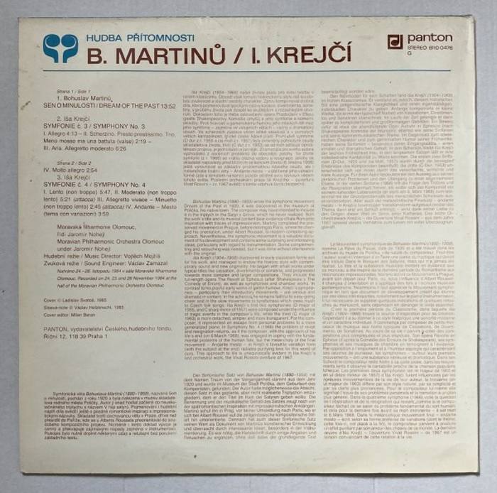 B. Martinů, I. Krejčí, Moravská filharmonie Olomouc, Jaromír Nohejl - Sen o minulosti / Dream Of The Past, III. a IV. symfonie / Symphonies No. 3 and 4 (LP)