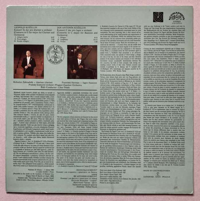 Leopold Koželuh / Jan Antonín Koželuh: Bohuslav Zahradník, František Herman, Prague Chamber Orchestra, Libor Pešek - Clarinet Concerto In E Flat Major / Bassoon Concerto In C Major (LP)