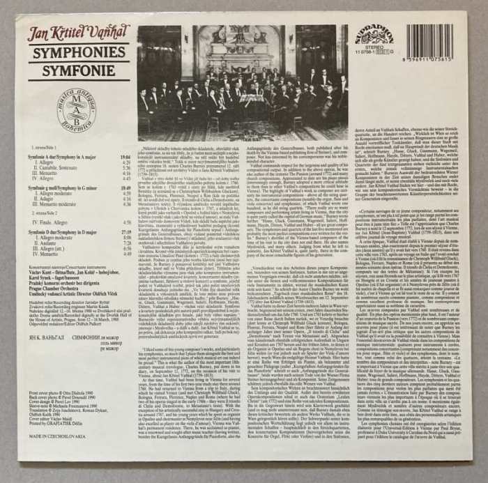 Jan Křtitel Vaňhal: Prague Chamber Orchestra · Oldřich Vlček - Symphonies In A Major · G Minor · D Major (LP)