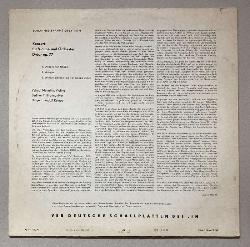 Johannes Brahms, Yehudi Menuhin, Berliner Philharmoniker, Rudolf Kempe - Konzert Für Violine Und Orchester D-dur Opus 77 (LP)