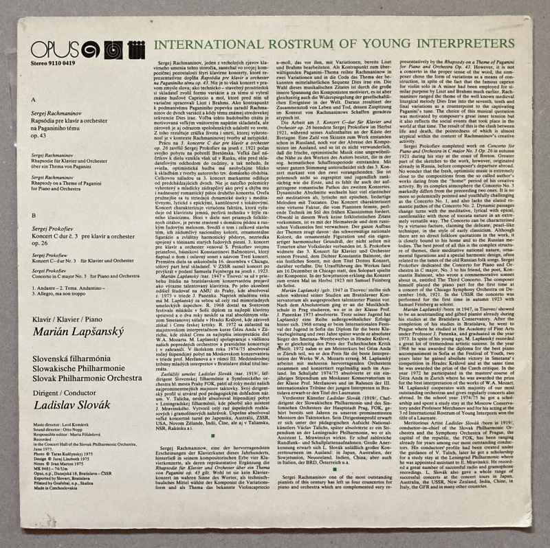 Marián Lapšanský ; Sergei Rachmaninov / Sergei Prokofiev ; Slovak Philharmonic Orchestra, Ladislav Slovák - Rhapsody On A Theme Of Paganini For Piano And Orchestra / Concerto In C Major No. 3 For Piano And Orchestra (LP)