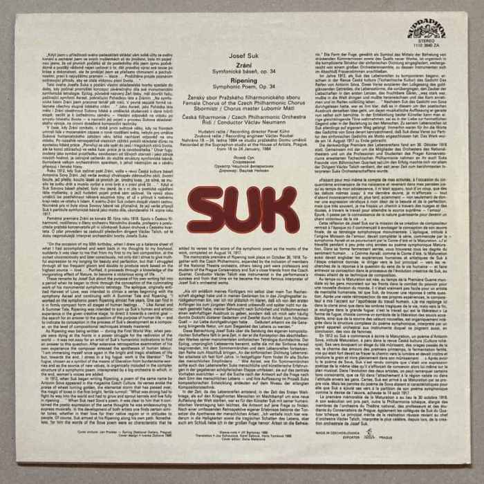 Josef Suk - Václav Neumann, Czech Philharmonic Orchestra - Zrání / Ripening (LP)