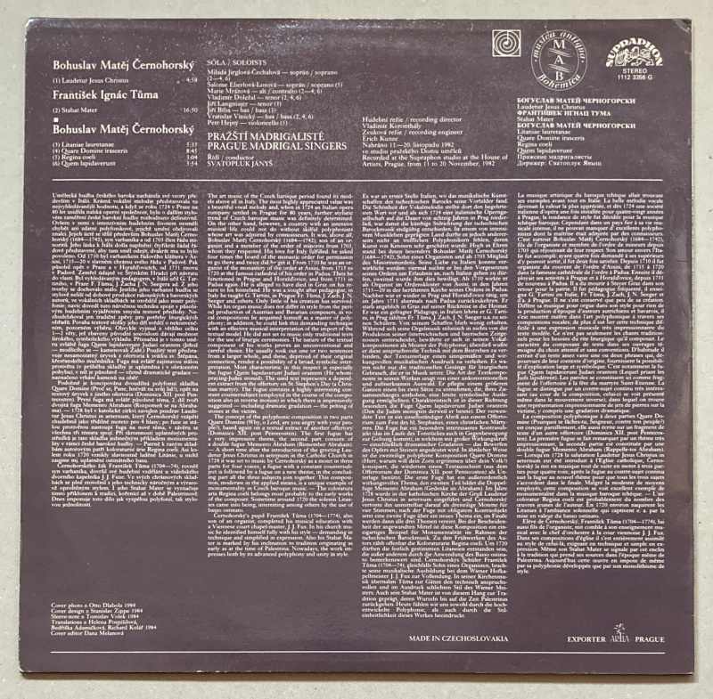 František Ignác Tůma, Bohuslav Matěj Černohorský, Prague Madrigal Singers, Svatopluk Jányš - Stabat Mater - Choralworks (LP)