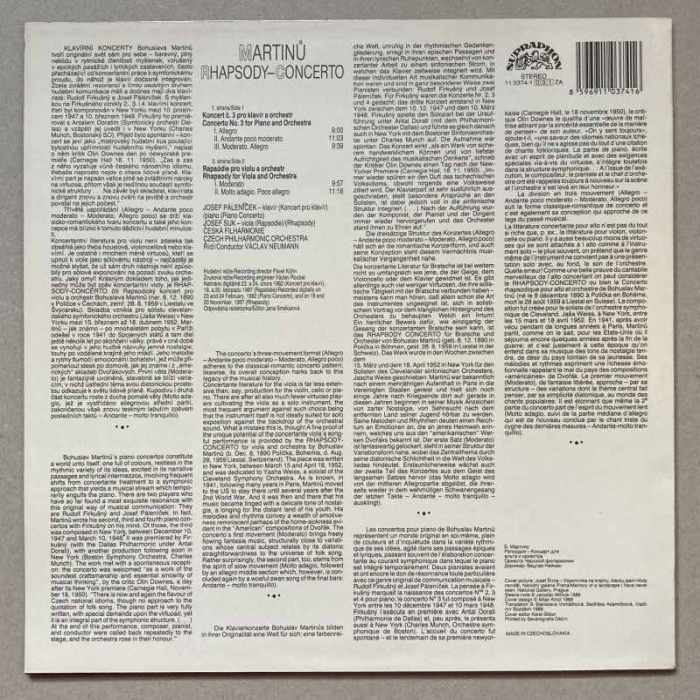 Martinů, Josef Suk, Josef Páleníček, Václav Neumann, Czech Philharmonic Orchestra - Rhapsody-Concerto For Viola And Orchestra - Piano Concerto No.3 (LP)